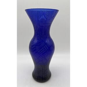 Studio Art Glass Cobalt Blue Glass Vase Etched Design 9” Signed Valerie Layer